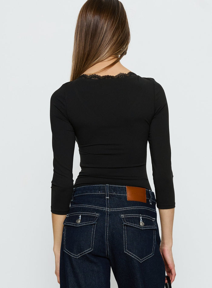 back view of model wearing Princess Polly Lyselle Wrap Detail 3/4 Sleeve Bodysuit Black Quarter Sleeve Bodysuit