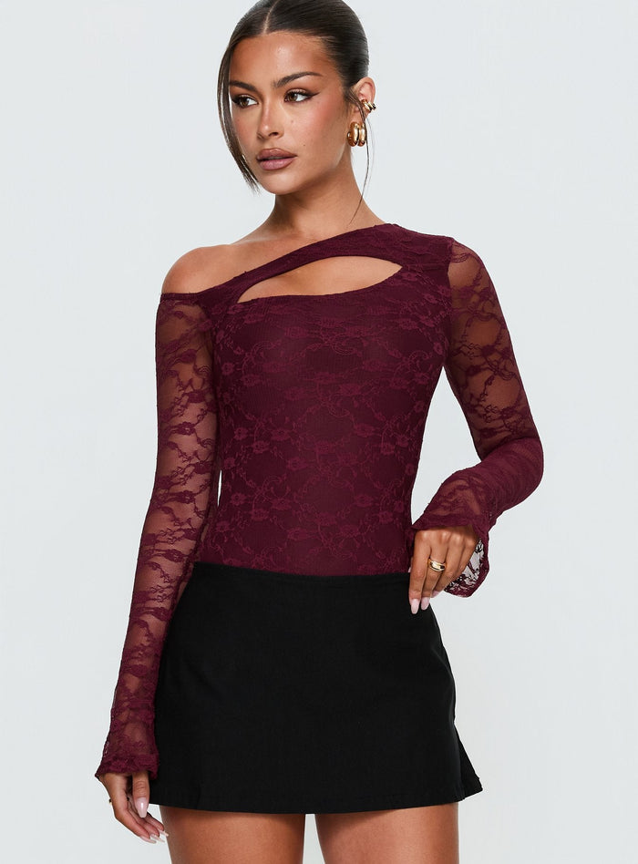 front view of model wearing Princess Polly Macaria Long Sleeve Lace Bodysuit Red Long Sleeve Tops Bodysuit
