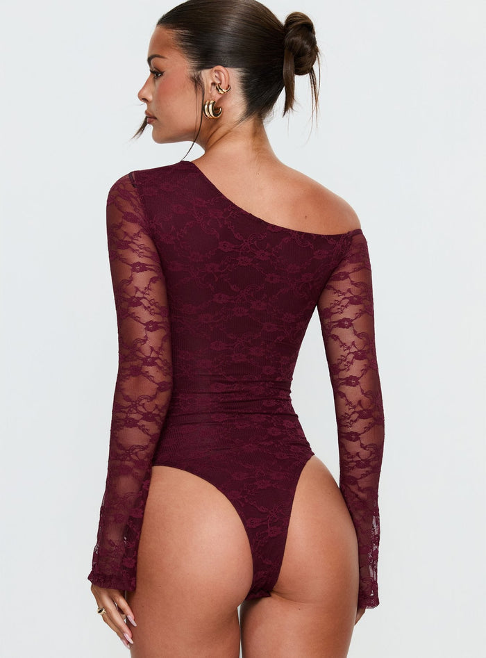 back view of model wearing Princess Polly Macaria Long Sleeve Lace Bodysuit Red Long Sleeve Tops Bodysuit