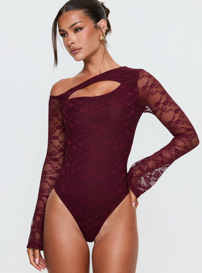 front view of model wearing Princess Polly Macaria Long Sleeve Lace Bodysuit Red Long Sleeve Tops Bodysuit