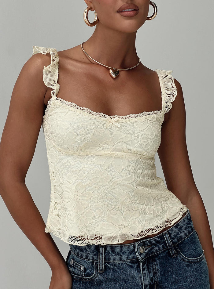 front view of model wearing Princess Polly Madaleine Lace Top Cream Sleeveless Square Neck