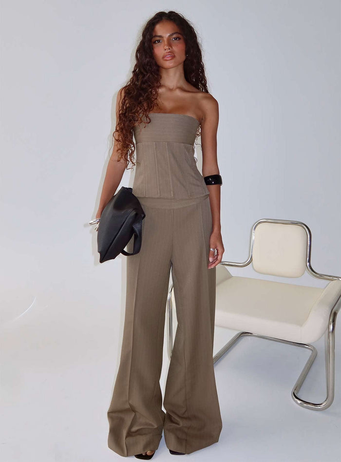 front view of model wearing Princess Polly Madelle Mid Rise Straight Leg Pants Brown Pinstripe Mid Rise Pants