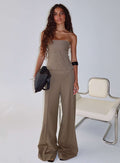 front view of model wearing Princess Polly Madelle Mid Rise Straight Leg Pants Brown Pinstripe Mid Rise Pants