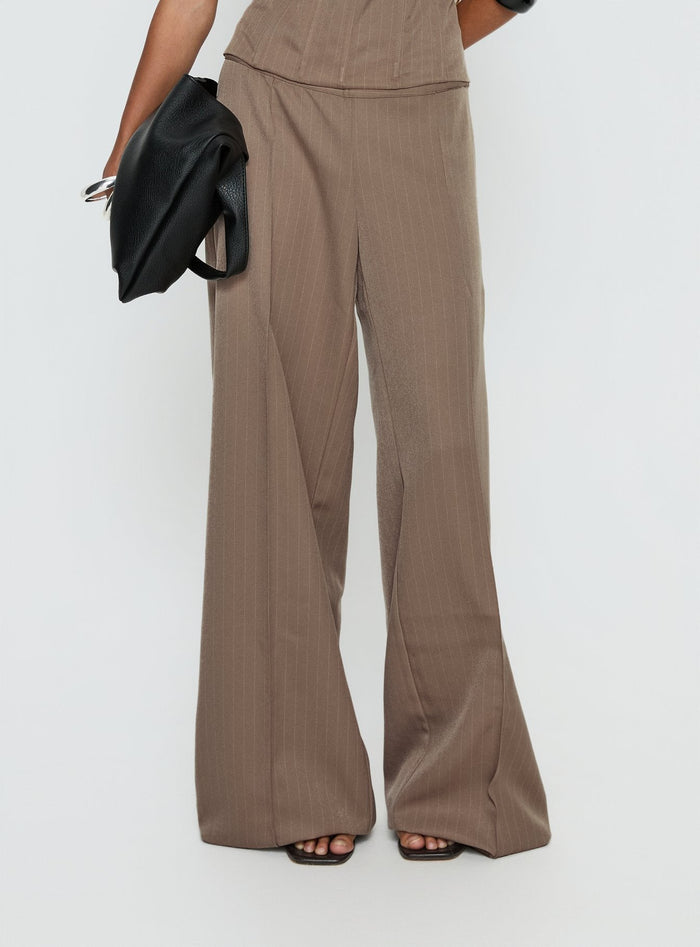 back view of model wearing Princess Polly Madelle Mid Rise Straight Leg Pants Brown Pinstripe Mid Rise Pants
