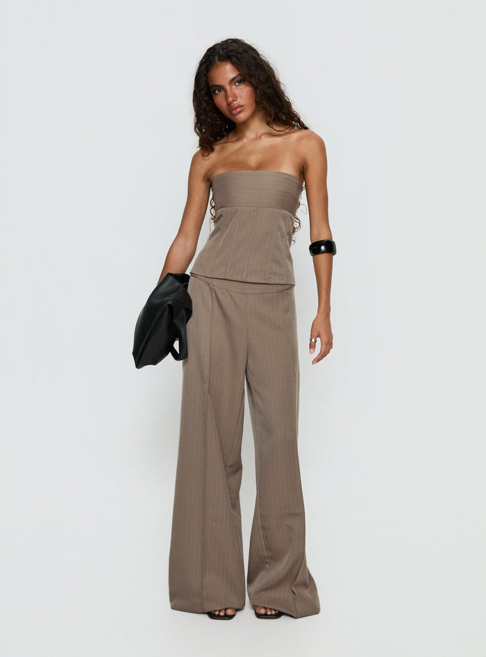 front view of model wearing Princess Polly Madelle Mid Rise Straight Leg Pants Brown Pinstripe Mid Rise Pants