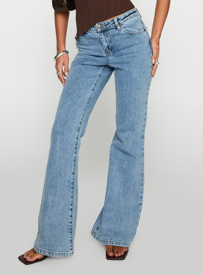 back view of model wearing Princess Polly Magic Mirror Mid Rise Bootleg Jeans Ice Wash Mid Rise