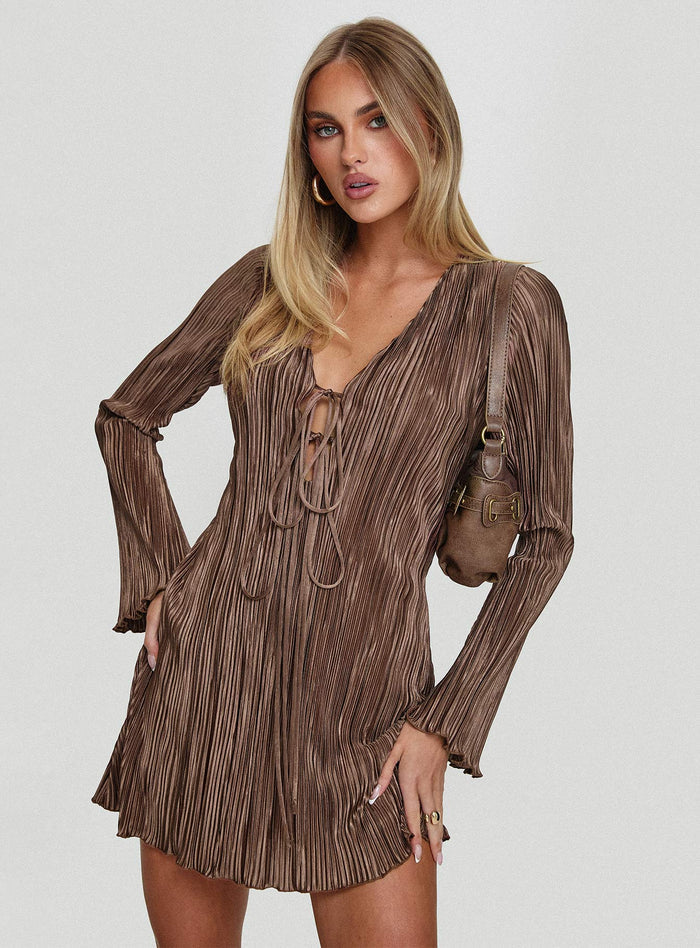 back view of model wearing Princess Polly Malop Long Sleeve Mini Dress Chocolate V-Neck