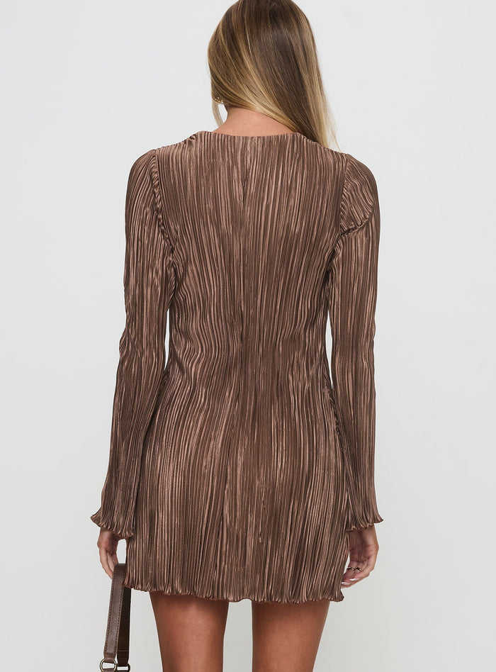 back view of model wearing Princess Polly Malop Long Sleeve Mini Dress Chocolate V-Neck
