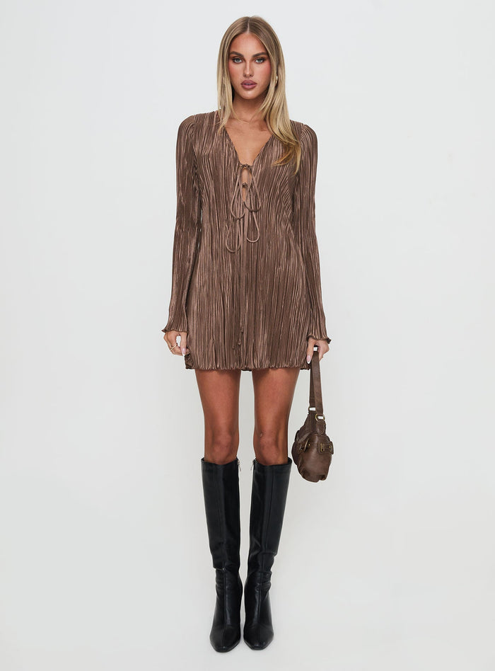 front view of model wearing Princess Polly Malop Long Sleeve Mini Dress Chocolate V-Neck