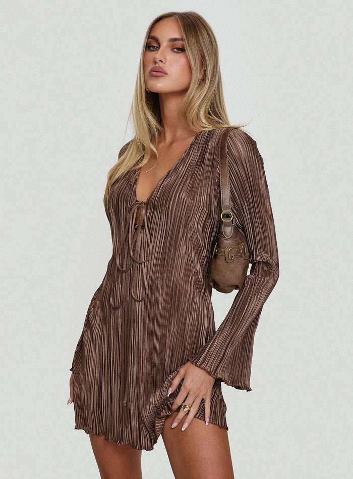 side view of model wearing Princess Polly Malop Long Sleeve Mini Dress Chocolate V-Neck