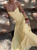 Marguerite Halter Maxi Dress Lemon / Brown Polka Dot