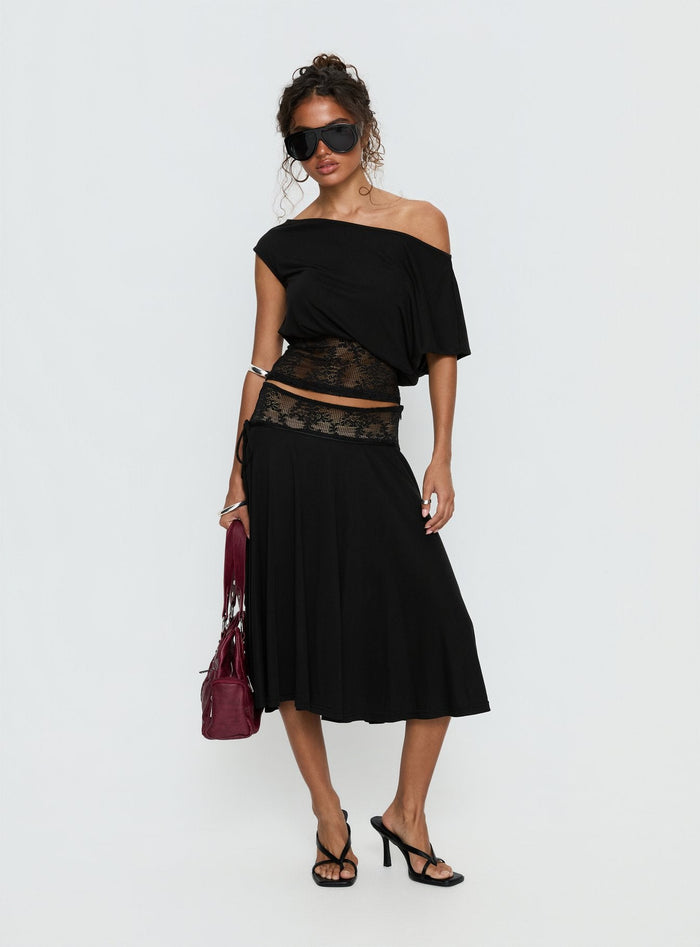 front view of model wearing Princess Polly Marienna Lace Midi Skirt Black Midi Skirts Skirts