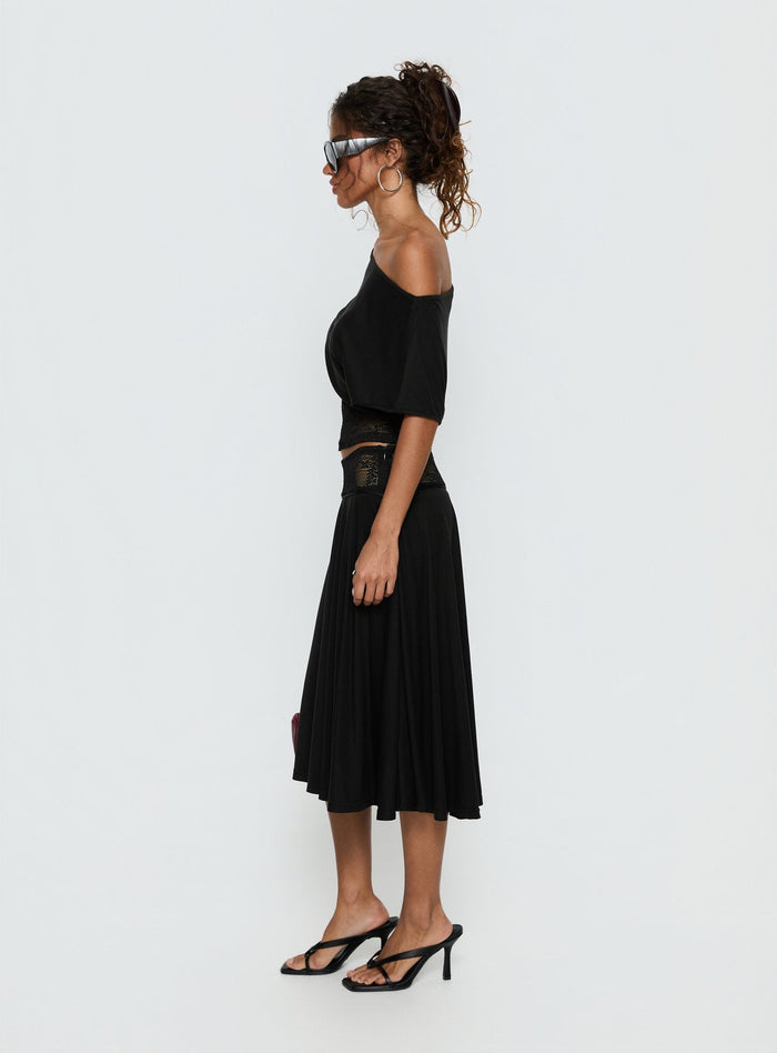 side view of model wearing Princess Polly Marienna Lace Midi Skirt Black Midi Skirts Skirts