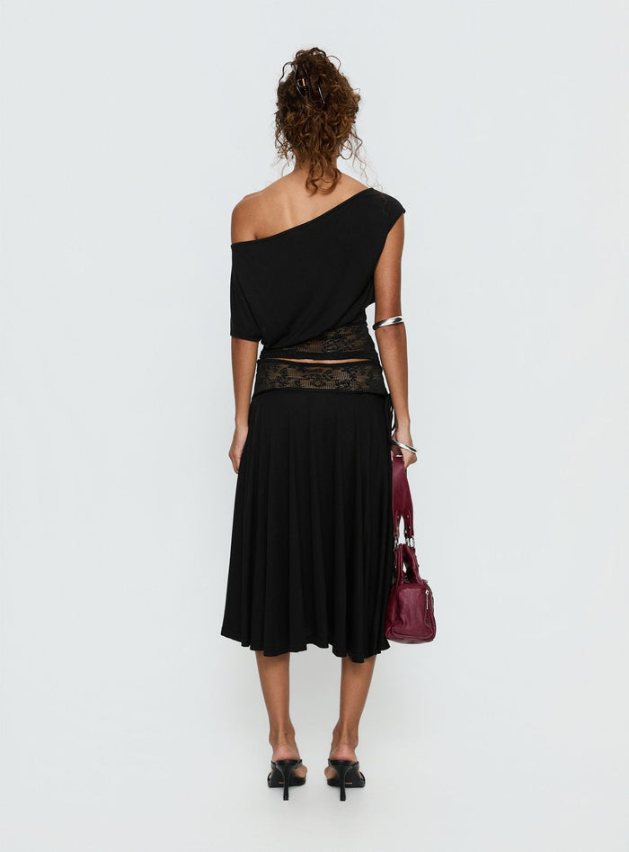 back view of model wearing Princess Polly Marienna Lace Midi Skirt Black Midi Skirts Skirts