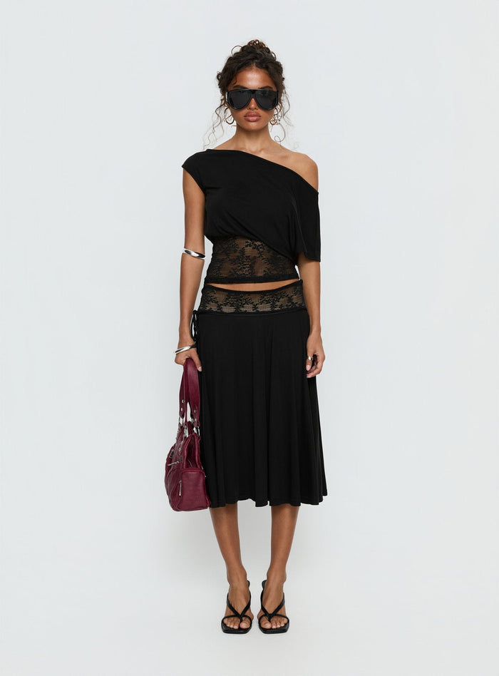 front view of model wearing Princess Polly Marienna Lace Midi Skirt Black Midi Skirts Skirts