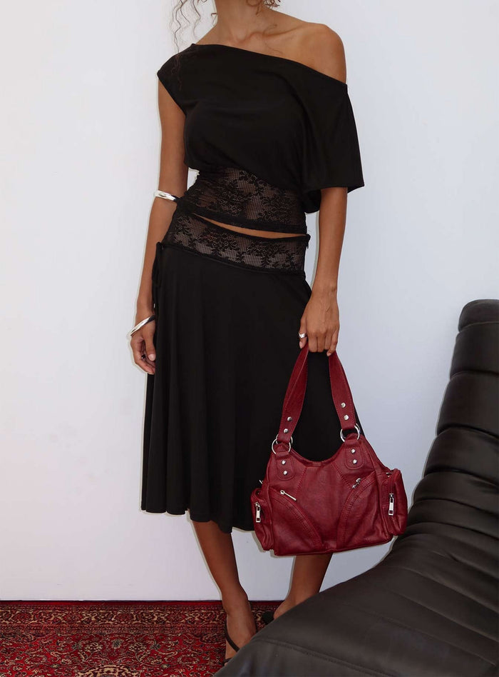 back view of model wearing Princess Polly Marienna Lace Midi Skirt Black Midi Skirts Skirts