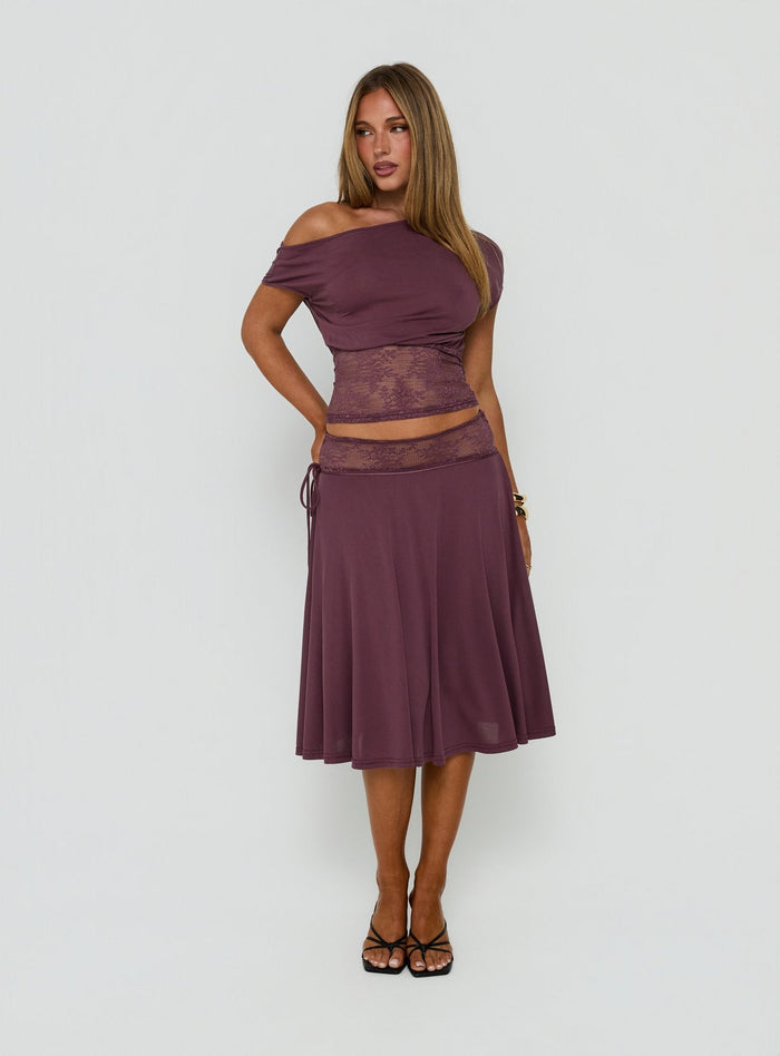 Showcasing the Marienna Lace Midi Skirt Plum in womens-skirts front view of model wearing Princess Polly
