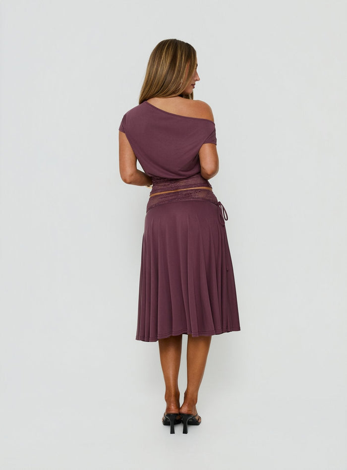 Displaying the Marienna Lace Midi Skirt Plum in womens-skirts back view of model wearing Princess Polly