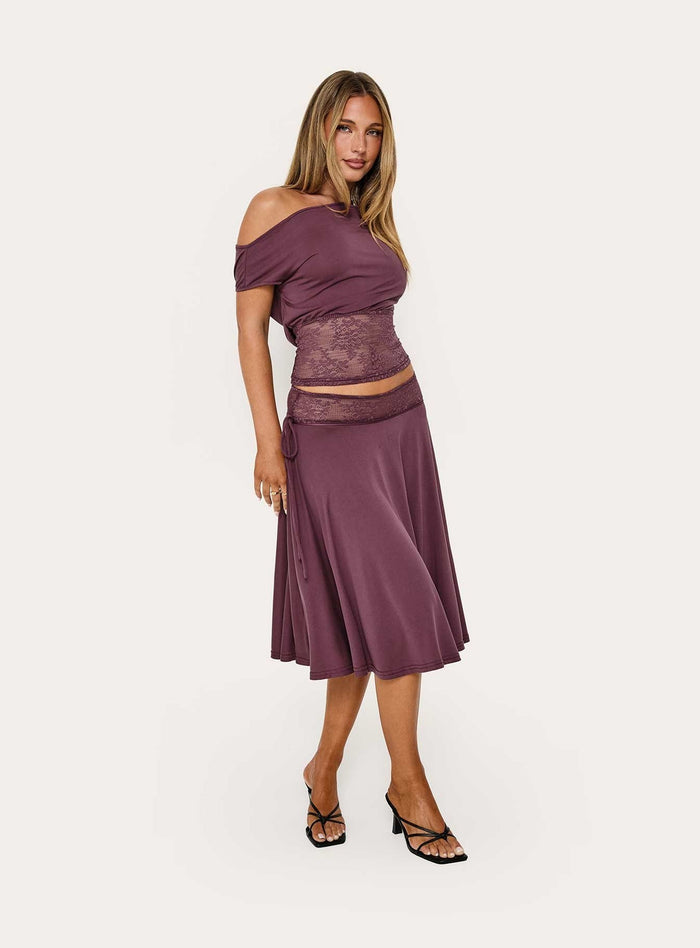Showcasing the Marienna Lace Midi Skirt Plum in womens-skirts front view of model wearing Princess Polly