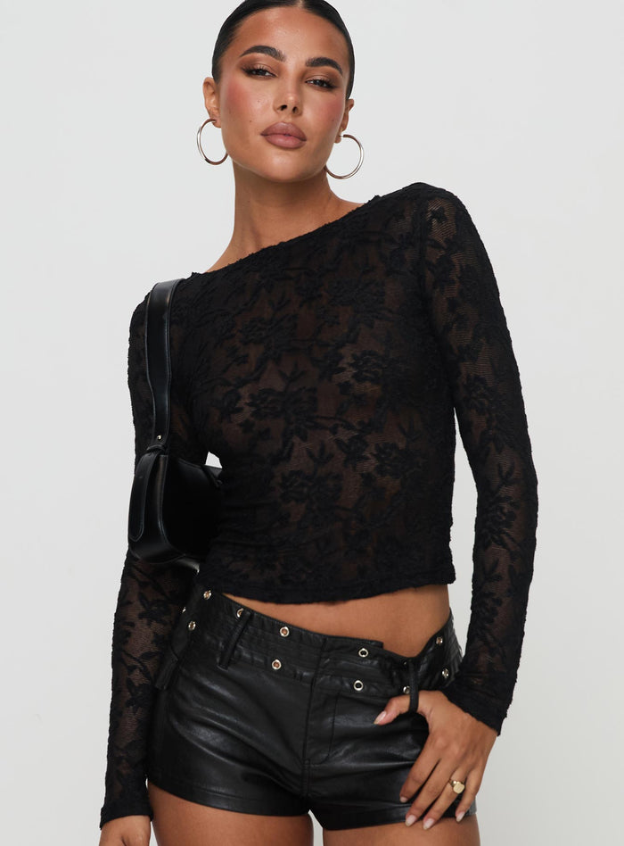 side view of model wearing Princess Polly Martine Sheer Top Black Full Sleeves High Neck