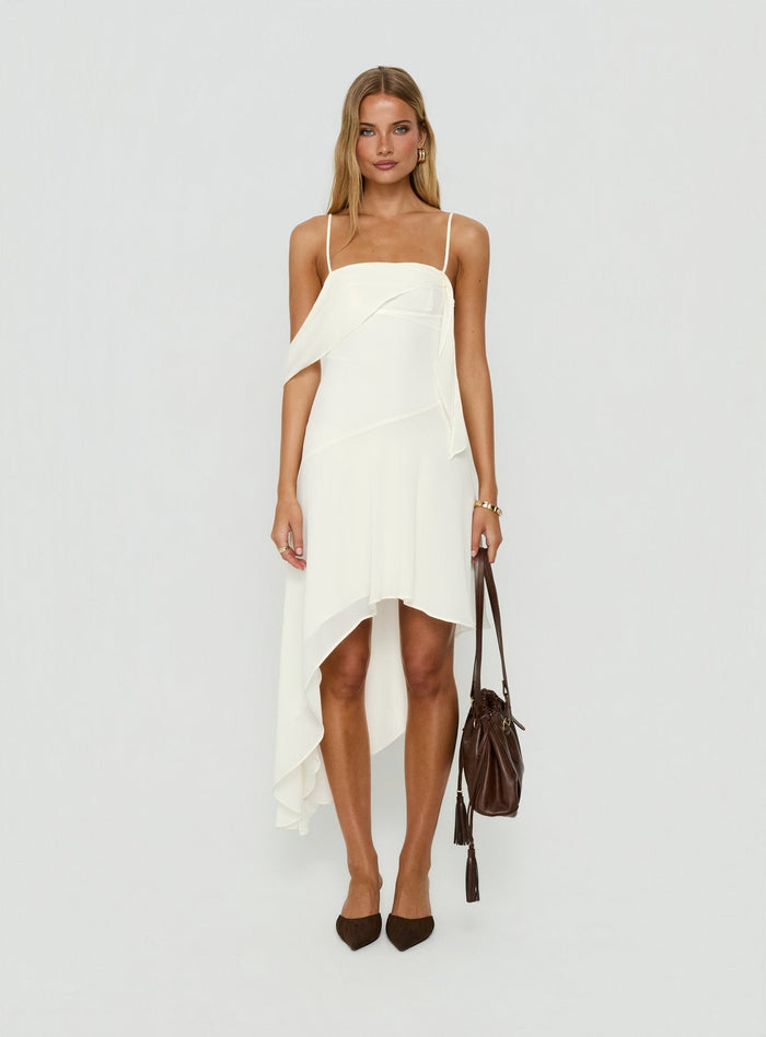 Massey Bust Draping Low Back Midi Dress Off White