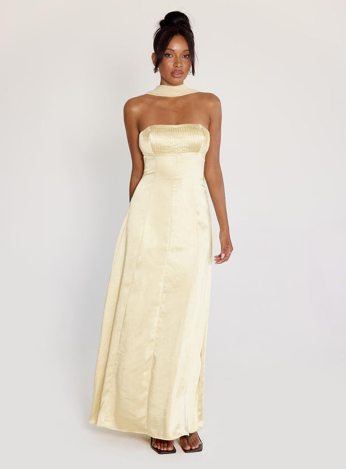 front view of model wearing Princess Polly Masterpiece Strapless Maxi Dress Yellow Straight Neck