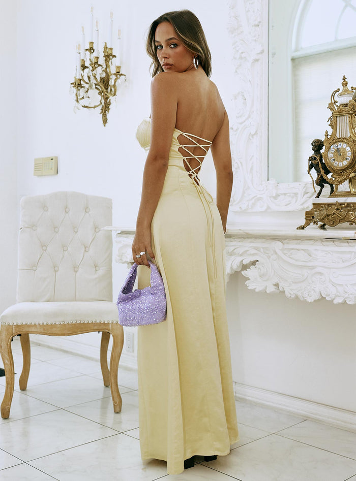 back view of model wearing Princess Polly Masterpiece Strapless Maxi Dress Yellow Straight Neck