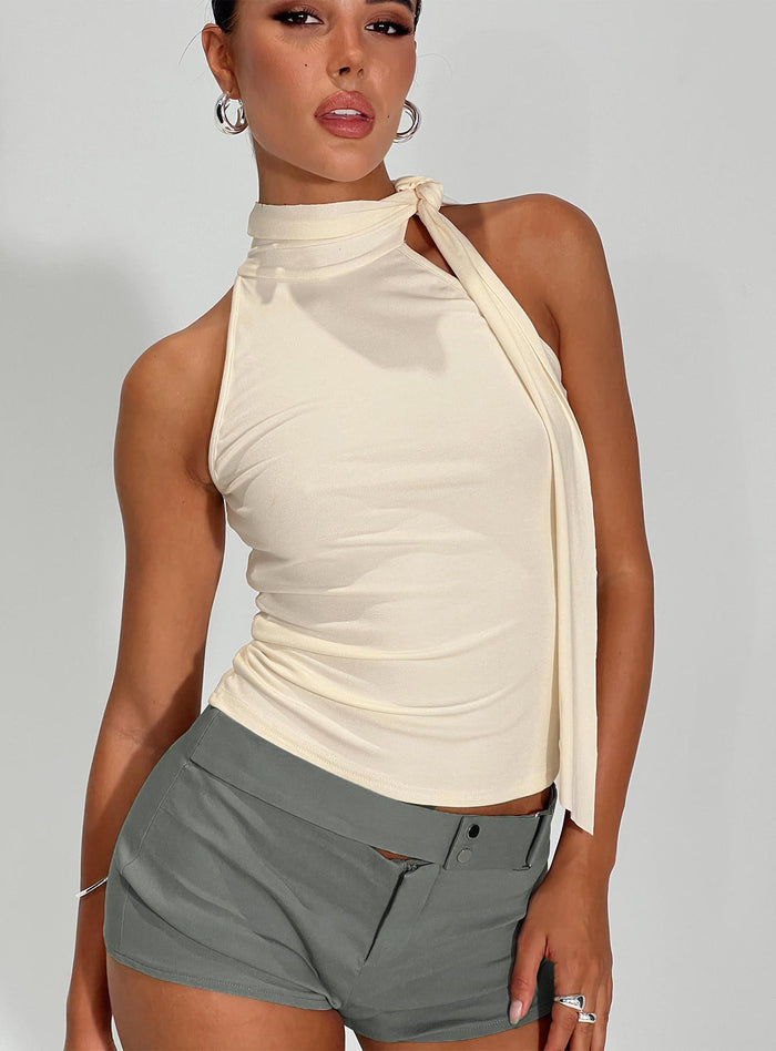 front view of model wearing Princess Polly Mathias Top Cream Sleeveless High Neck