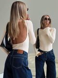 back view of model wearing Princess Polly Mayok Long Sleeve Bodysuit Beige Full Sleeves