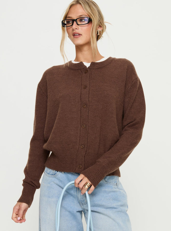 front view of model wearing Princess Polly Melancholia Cardigan Chocolate regular