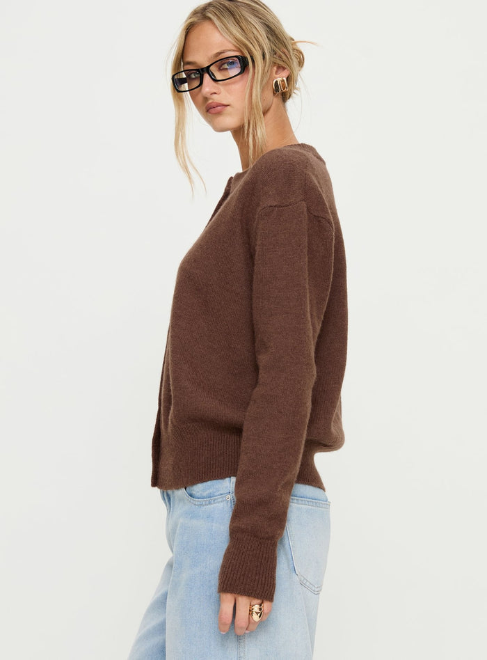 side view of model wearing Princess Polly Melancholia Cardigan Chocolate regular