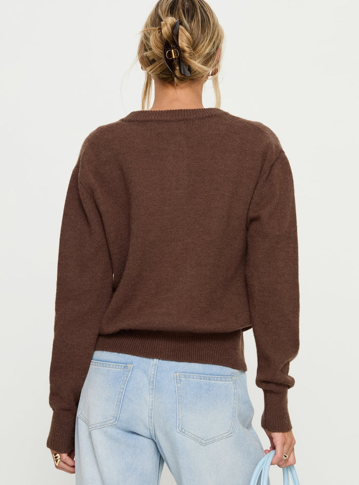 back view of model wearing Princess Polly Melancholia Cardigan Chocolate regular