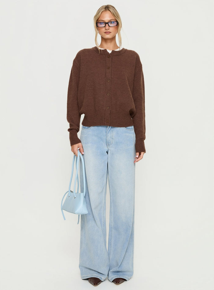 side view of model wearing Princess Polly Melancholia Cardigan Chocolate regular