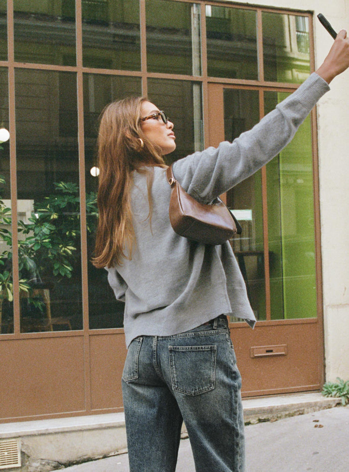 back view of model wearing Princess Polly Melancholia Cardigan Grey Long