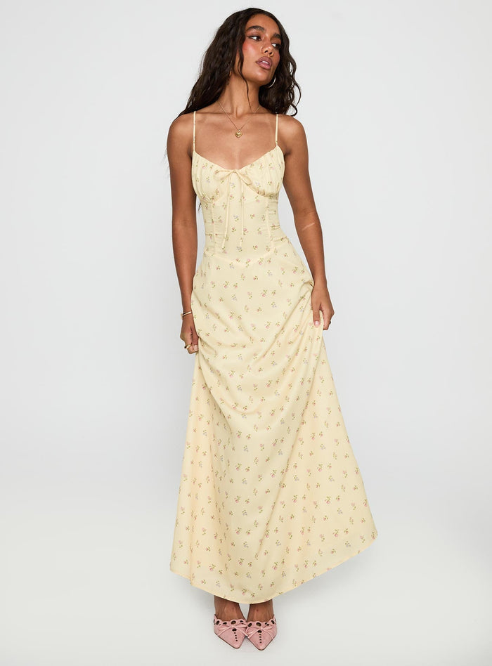 front view of model wearing Princess Polly Members Only Maxi Dress Yellow Floral Sweetheart Neckline