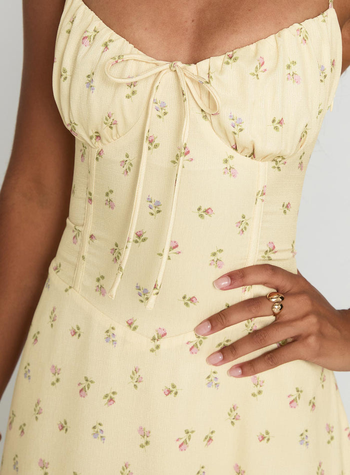 back view of model wearing Princess Polly Members Only Maxi Dress Yellow Floral Sweetheart Neckline