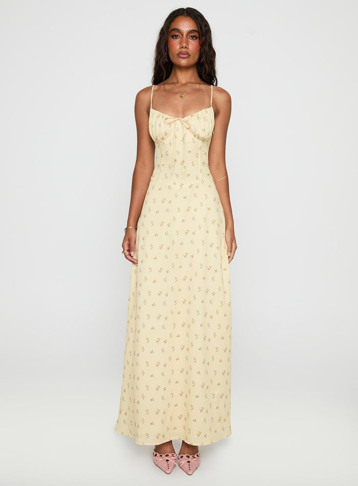 front view of model wearing Princess Polly Members Only Maxi Dress Yellow Floral Sweetheart Neckline