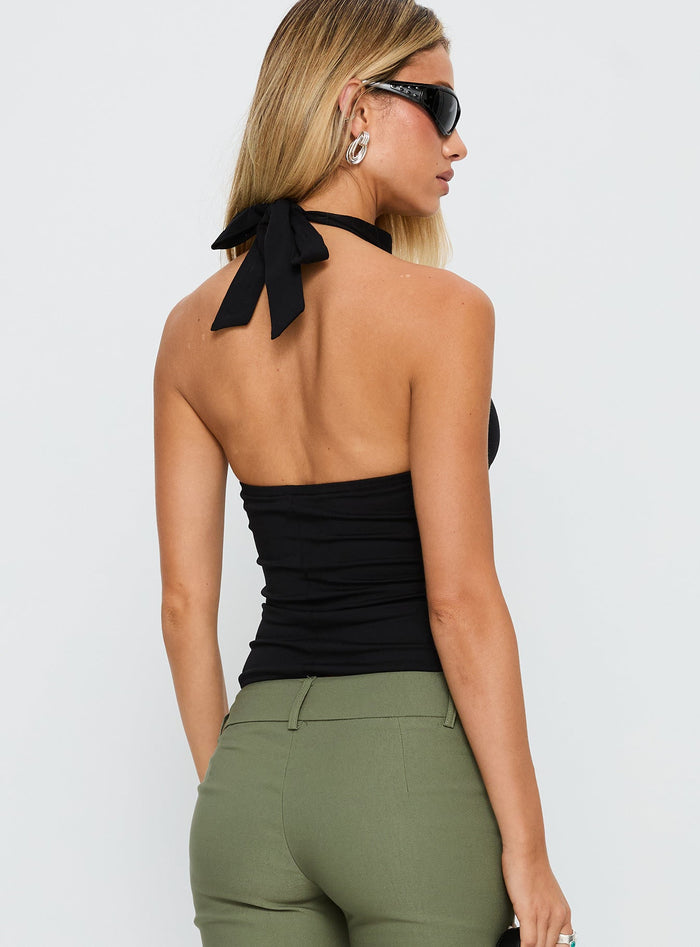 back view of model wearing Princess Polly Merril Halter Top Black Sleeveless High Neck