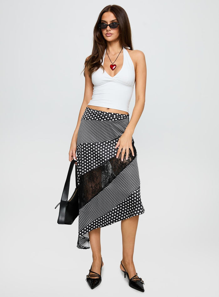 back view of model wearing Princess Polly Midnight Memories Asymmetrical Midi Skirt Black Multi Midi Skirts
