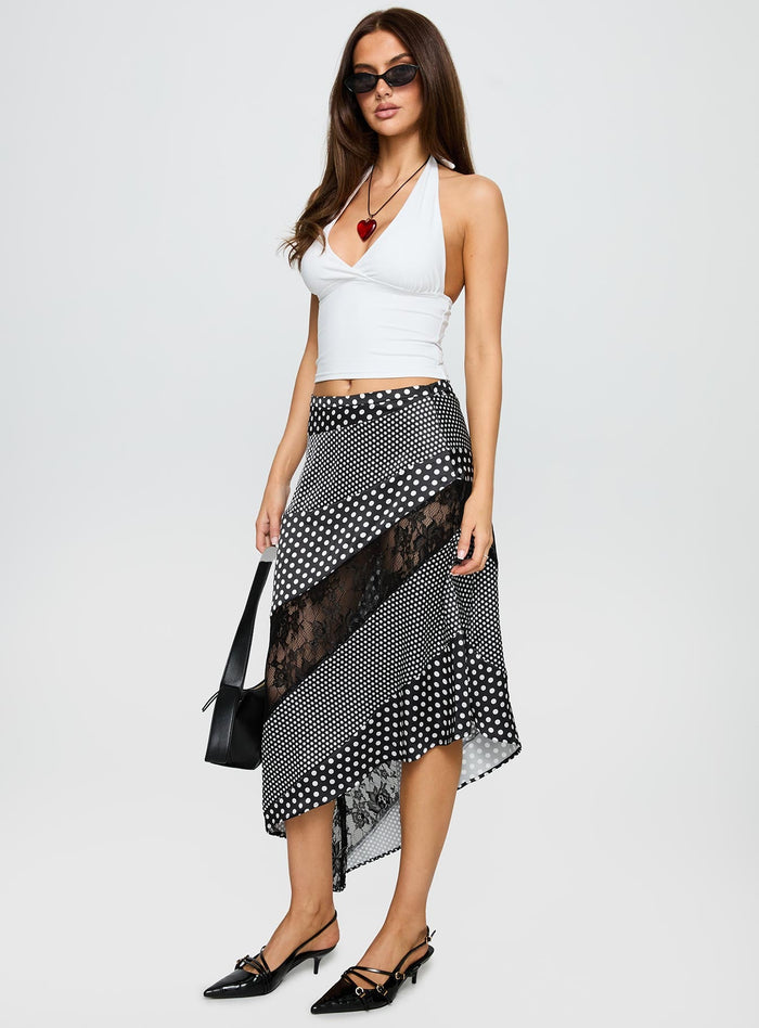 back view of model wearing Princess Polly Midnight Memories Asymmetrical Midi Skirt Black Multi Midi Skirts