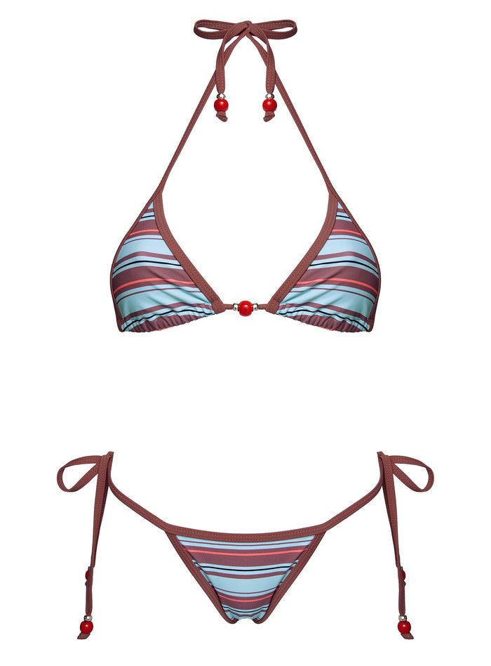 Mikaya Beaded Tie Side Bikini Bottoms Blue / Brown Stripe