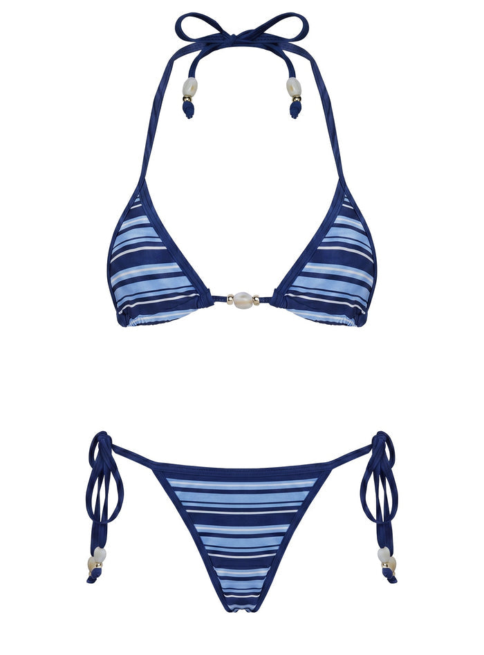 Mikaya Beaded Tie Side Bikini Bottoms Navy Stripe