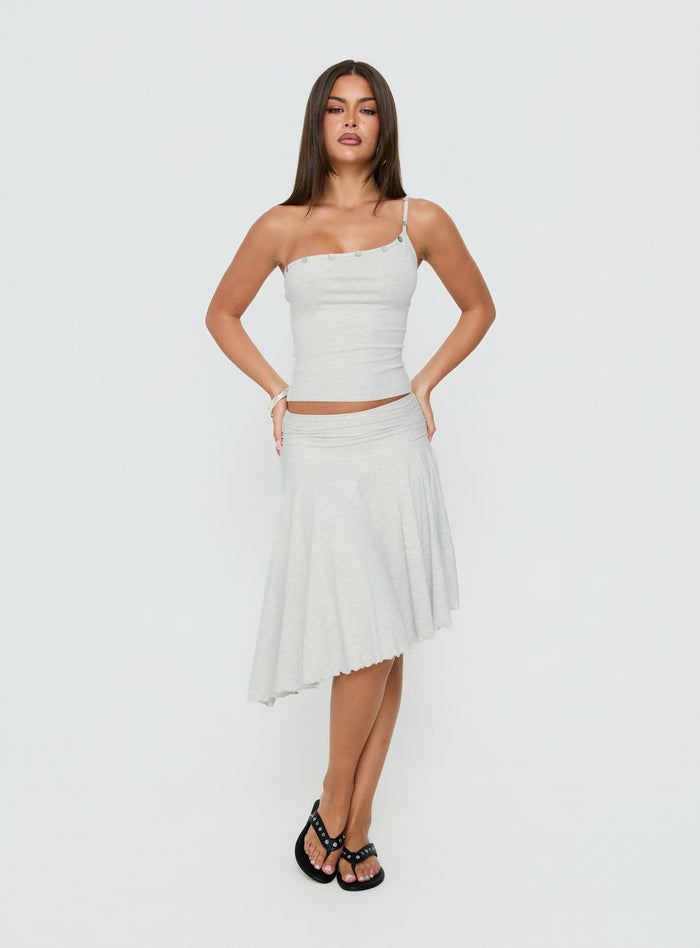 Showcasing the Mimmi Asymmetrical Midi Skirt Grey womens-skirts with ruched fitted design and frayed hem Princess Polly