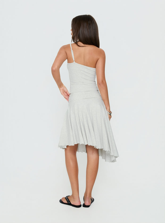 Styled in the Mimmi Asymmetrical Midi Skirt Grey womens-skirts featuring ruched fitted silhouette and frayed hem back view of model wearing Princess Polly