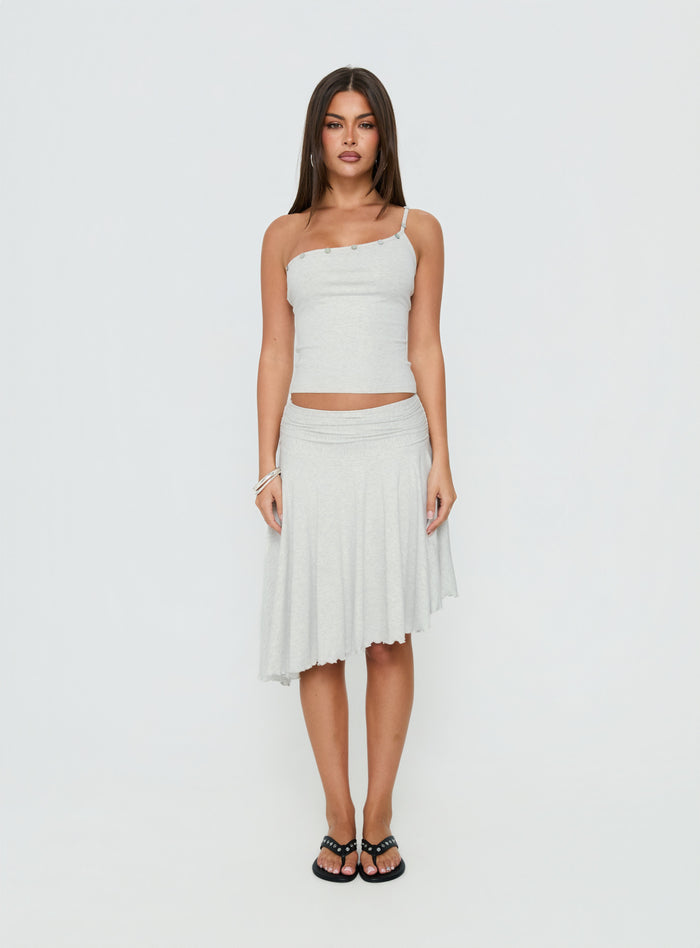 Showcasing the Mimmi Asymmetrical Midi Skirt Grey womens-skirts with ruched fitted design and frayed hem Princess Polly