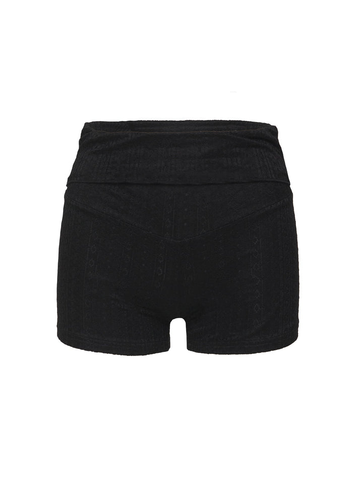 side view of model wearing Princess Polly Moderna Lace Shorts Black High Waisted Shorts