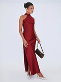 back view of model wearing Princess Polly Mordecai Halter Maxi Dress Burgundy High Neck
