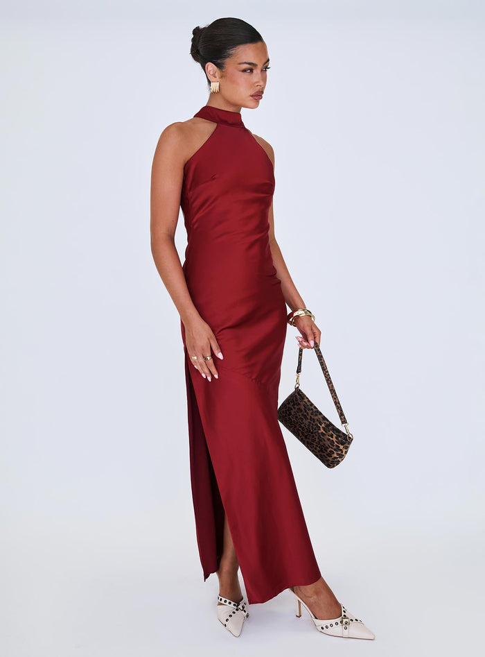 back view of model wearing Princess Polly Mordecai Halter Maxi Dress Burgundy High Neck