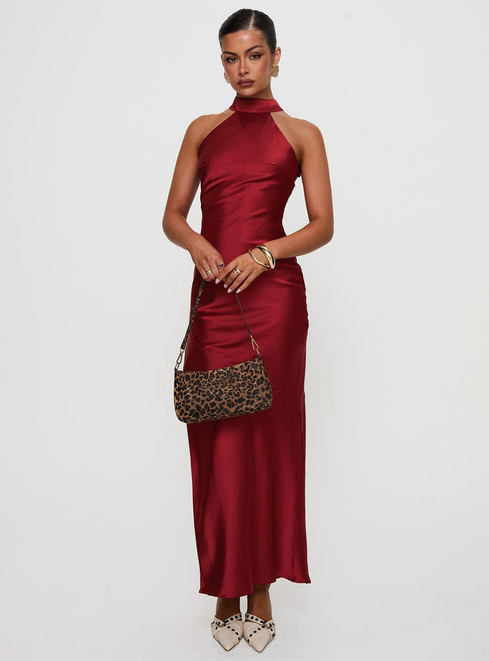 front view of model wearing Princess Polly Mordecai Halter Maxi Dress Burgundy High Neck