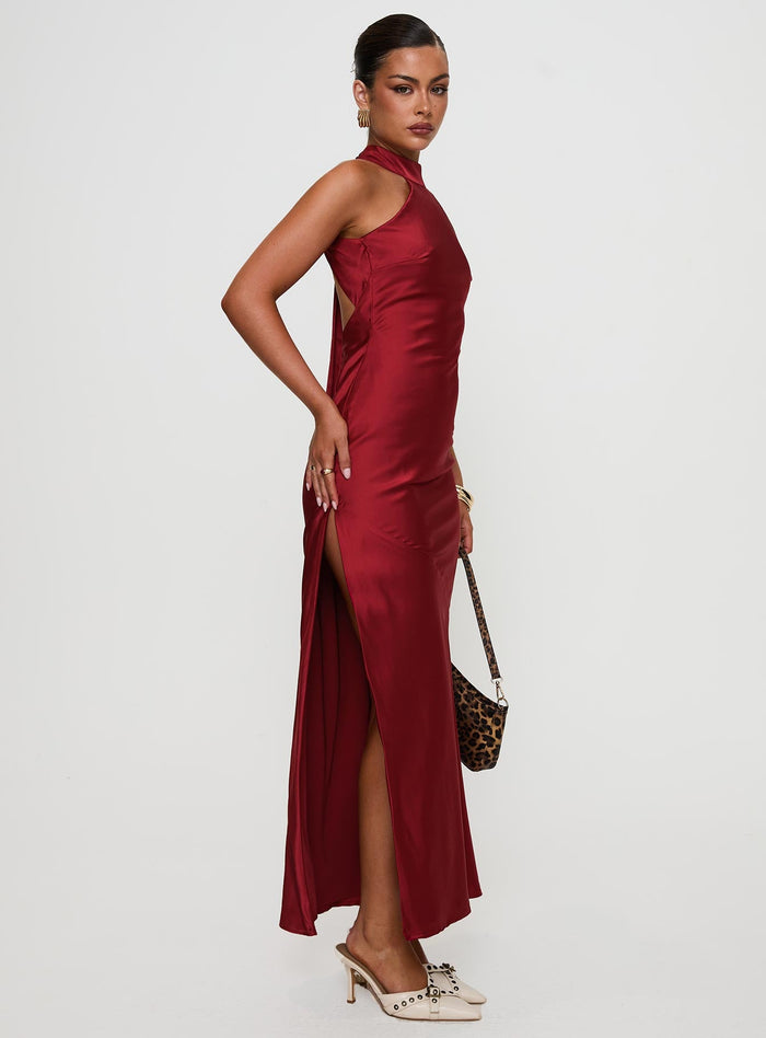side view of model wearing Princess Polly Mordecai Halter Maxi Dress Burgundy High Neck